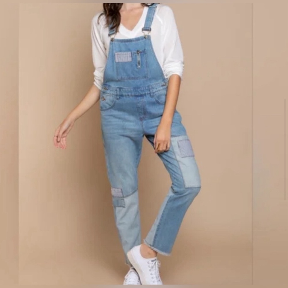 POL Slim Leg Denim Overalls With Patchwork Raw Hem 100% Cotton Size MEDIUM NEW - Picture 10 of 14